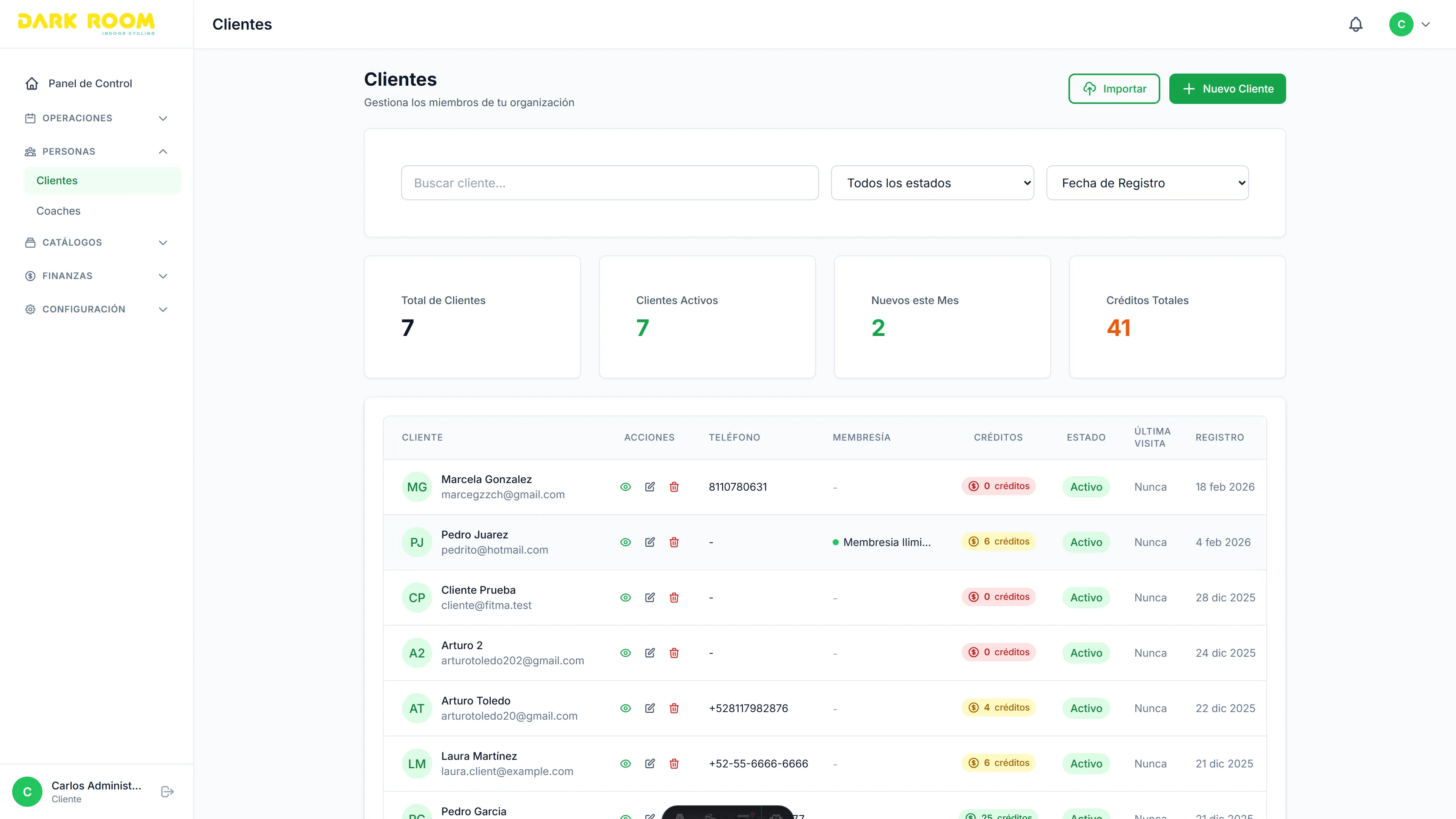 Panel de gestión de clientes en FITMA